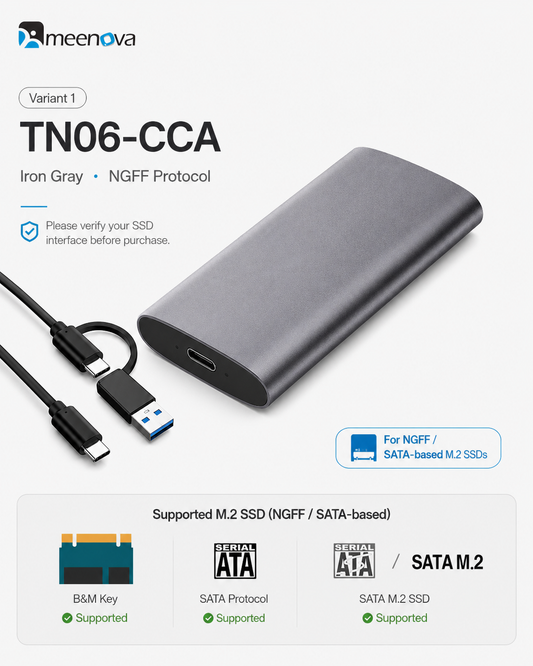 Meenova Tool-Free USB-C M.2 SSD Enclosure – Aluminum External Case for NGFF SATA or NVMe SSD