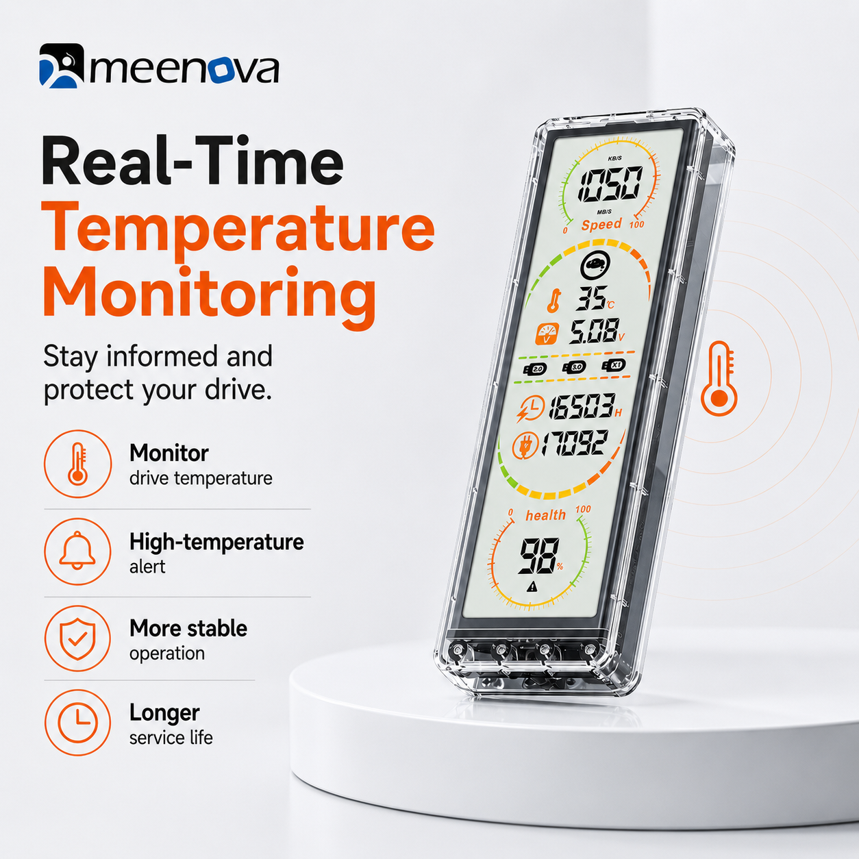 Meenova HS10G-3 Smart Display M.2 SSD Enclosure – 10Gbps USB-C NVMe/SATA SSD Case with Real-Time Drive Monitoring