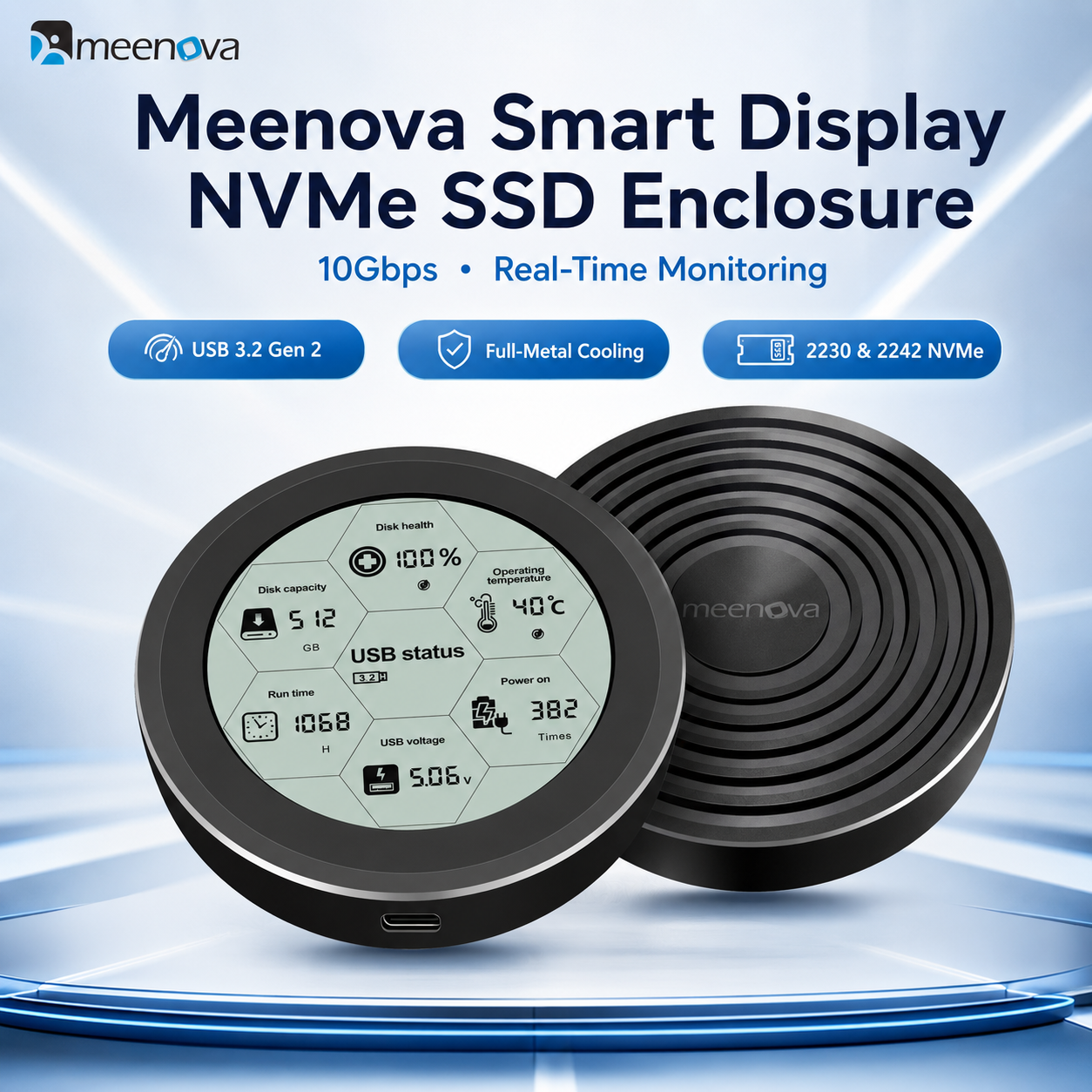 Meenova 10Gbps Smart Display M.2 NVMe SSD Enclosure for 2230/2242 – USB 3.2 Gen 2, Real-Time Drive Monitoring, Aluminum Cooling