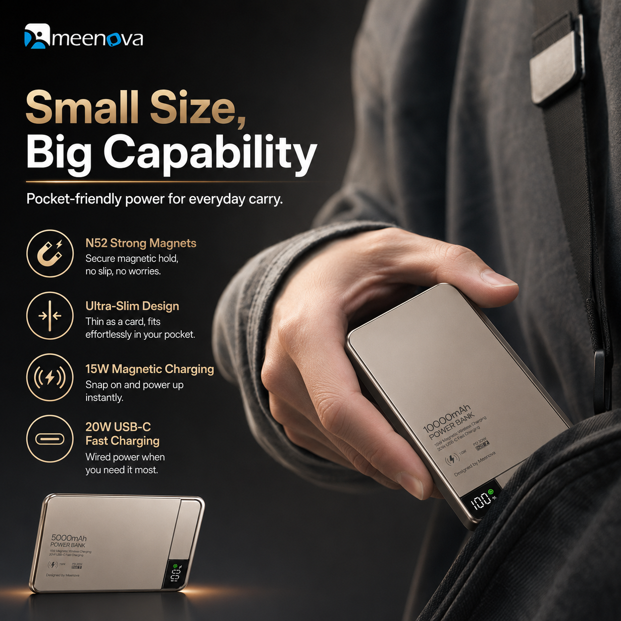 Meenova Ultra-Slim Magnetic Power Bank 5000mAh/10000mAh, 15W Wireless & 20W USB-C PD Fast Charging, Aluminum Alloy Portable Battery Pack