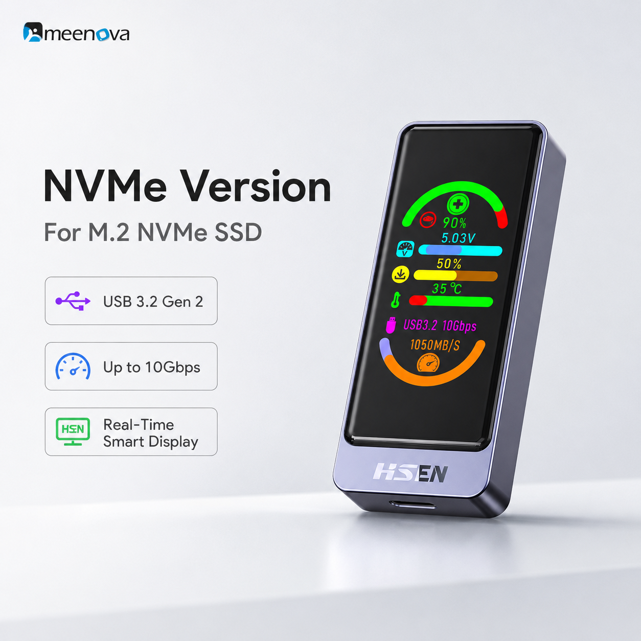 Meenova Smart Color Display M.2 SSD Enclosure, USB 3.2 Gen 2 10Gbps, NVMe/SATA, Real-Time Drive Health & Speed Monitor, Touch Encryption Options