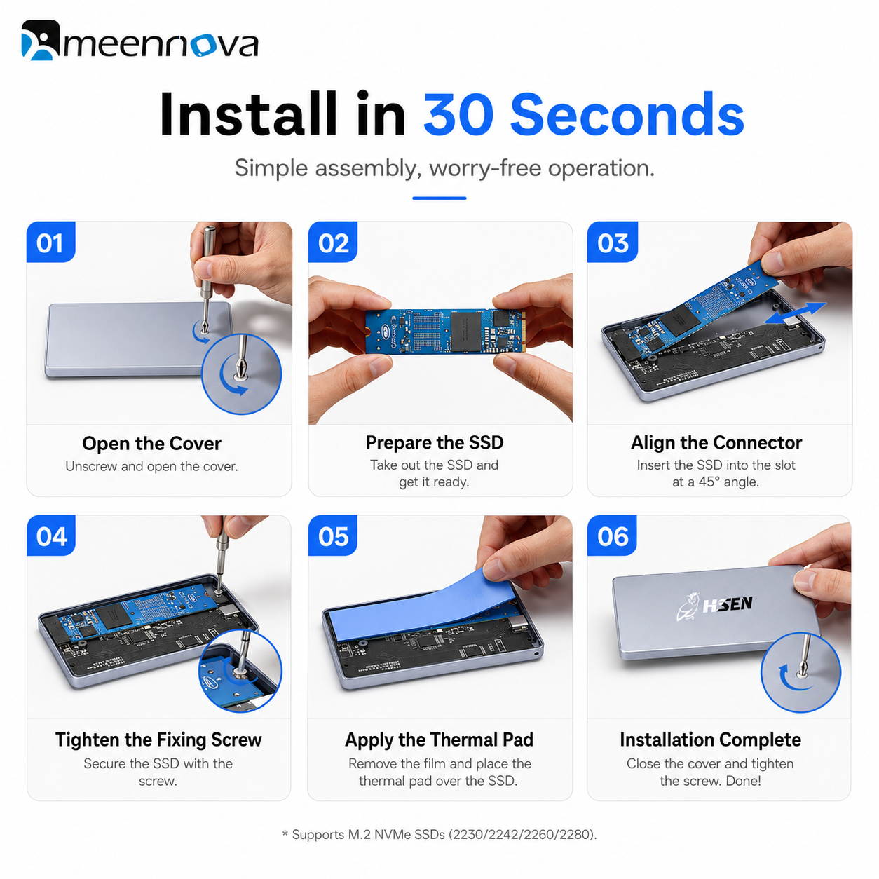 Meenova Smart Display M.2 NVMe SSD Enclosure, USB 3.2 Gen 2 10Gbps, Real-Time Speed, Health & Temperature Monitor, CNC Aluminum, 2230/2242/2260/2280