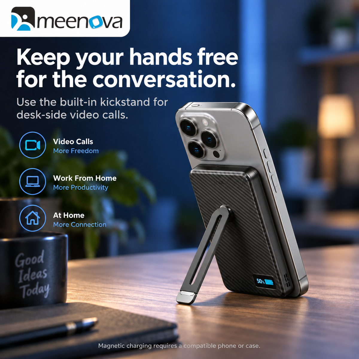 Meenova Qi2 15W Magnetic Wireless Power Bank with TFT Display & 360° Kickstand – 10000mAh, Magsafe Powerbank Portable Charger for iPhone 18 Pro Max & iPhone Duo