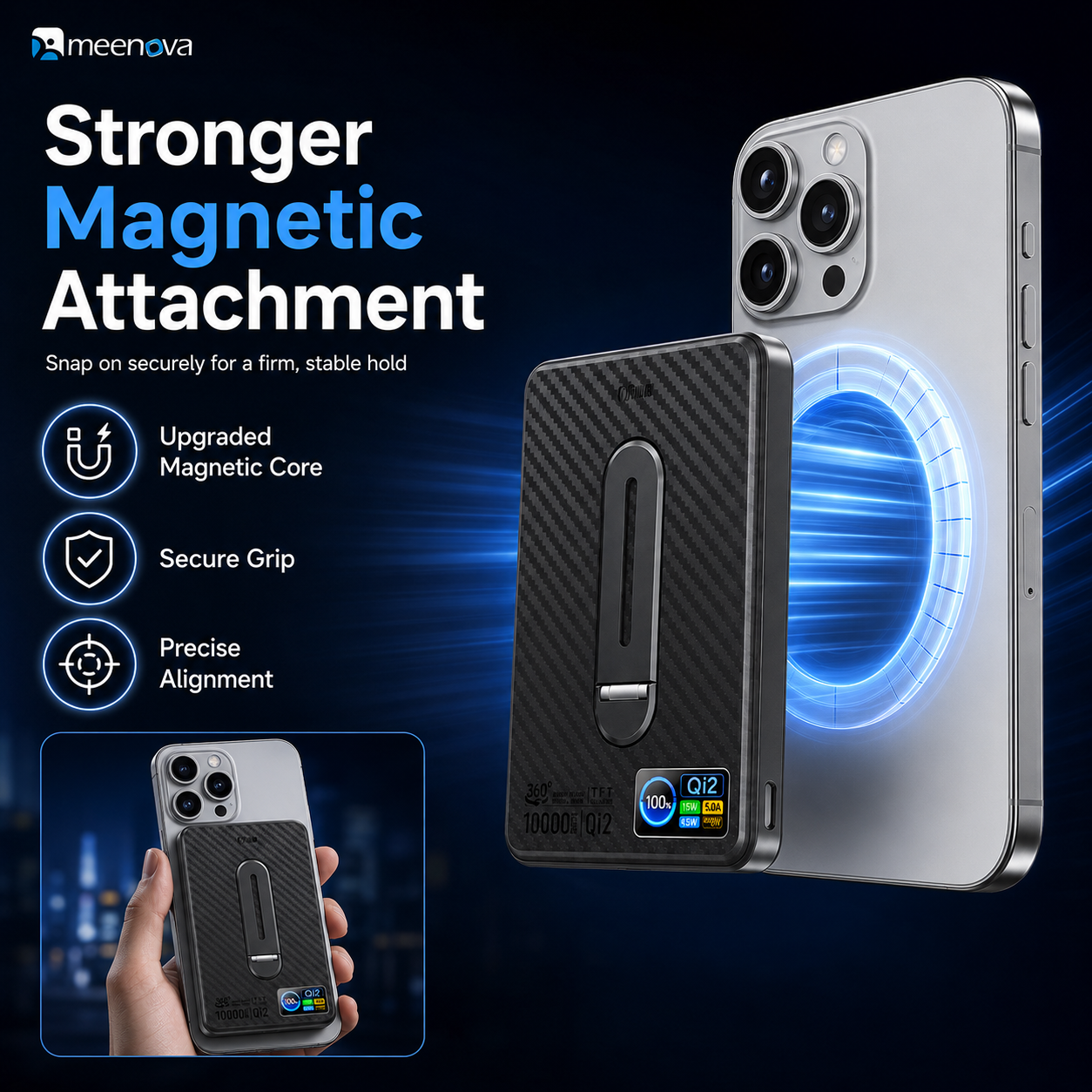 Meenova Qi2 15W Magnetic Wireless Power Bank with TFT Display & 360° Kickstand –  10000mAh