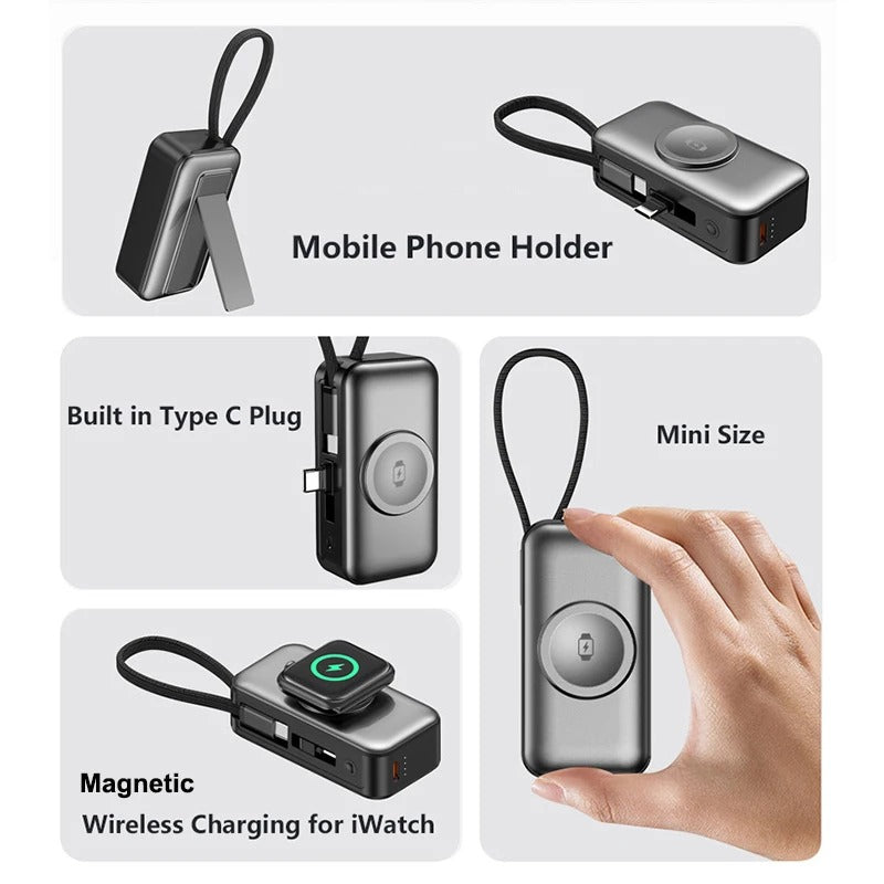 Meenova 5000mAh Mini Power Bank PD20W Fast Charger, 3-in-1 Magnetic Wireless Charger with Type-C Plug & Built-in C/Lightning Cable, Portable Charging Station with LED Light & Phone Holder