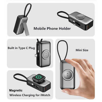 Meenova 5000mAh Mini MagSafe Power Bank PD20W Fast Charger, 3-in-1 Magnetic Wireless Charger with Type-C Plug & Built-in C/Lightning Cable, Portable Charging Station with LED Light & Phone Holder