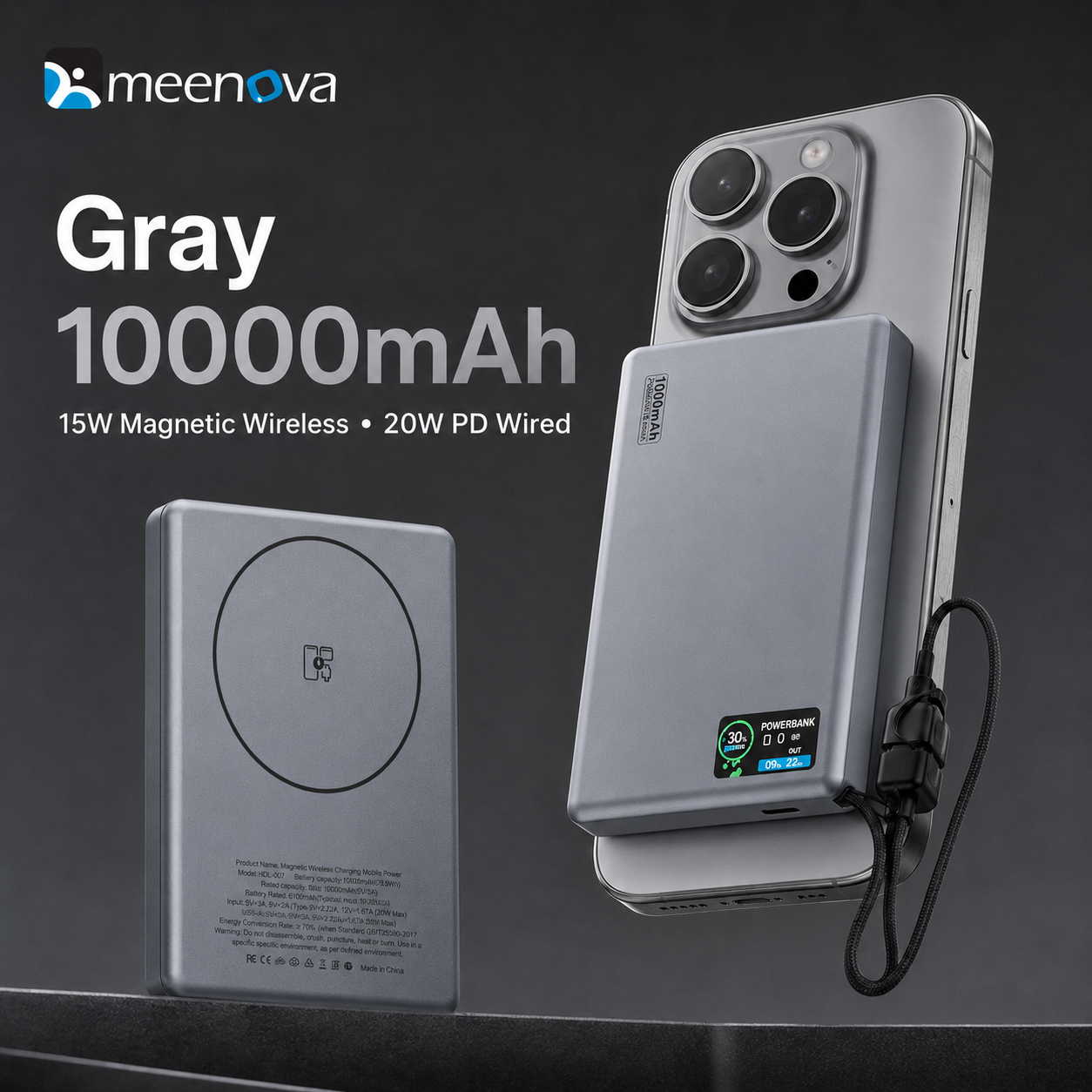 Meenova HDL-007 Ultra-Slim Magnetic Power Bank with Built-in USB-C Lanyard Cable, 15W Wireless Charging, 20W PD & TFT Display
