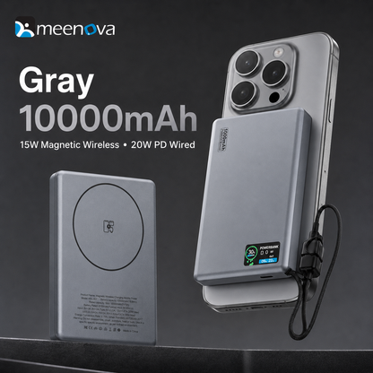 Meenova HDL-007 Ultra-Slim Magnetic Power Bank with Built-in USB-C Lanyard Cable, 15W Wireless Charging, 20W PD & TFT Display, Compatible with iPhone 18 Pro Max & iPhone Duo