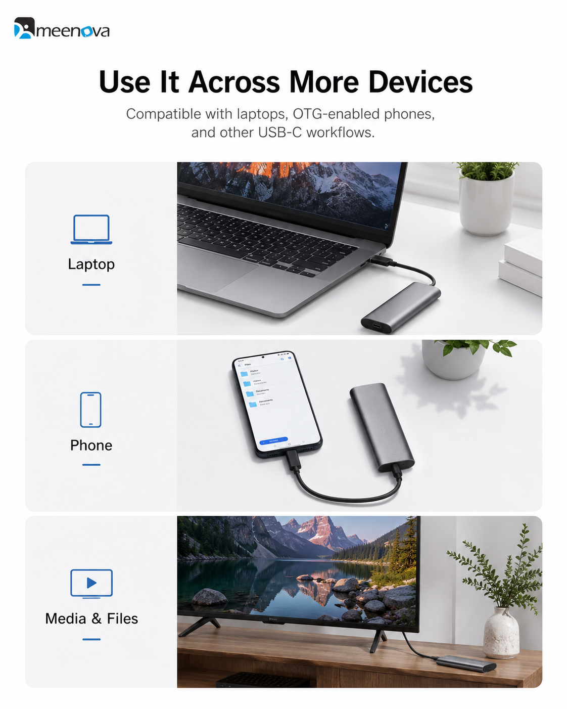 Meenova Tool-Free USB-C M.2 SSD Enclosure – Aluminum External Case for NGFF SATA or NVMe SSD