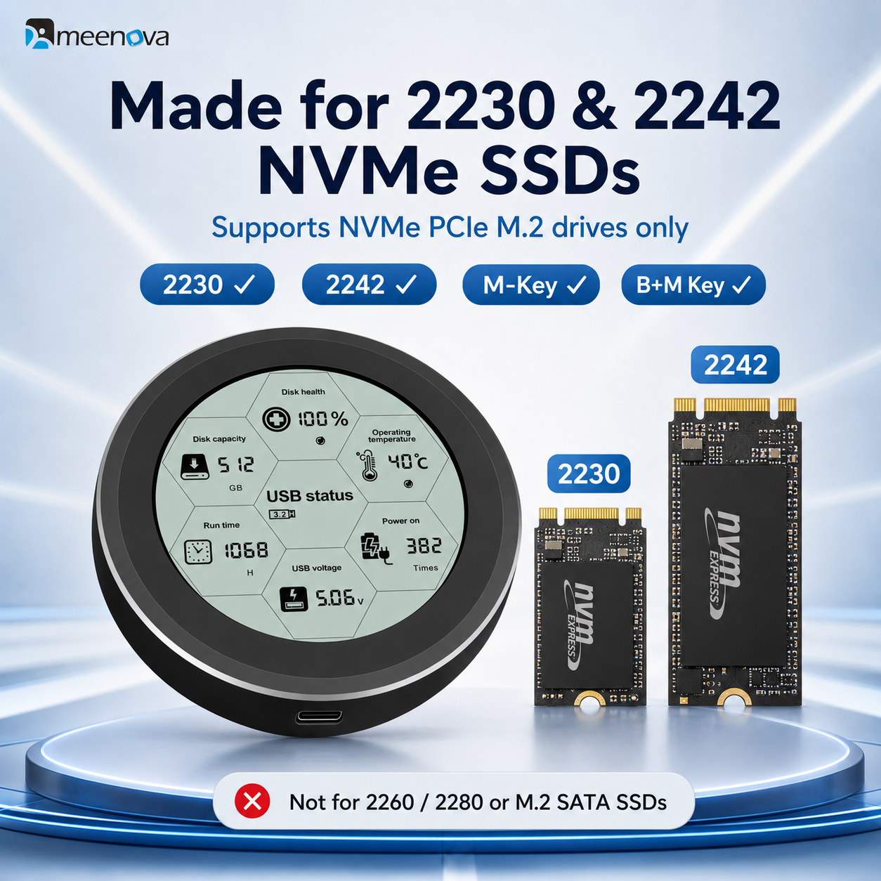 Meenova 10Gbps Smart Display M.2 NVMe SSD Enclosure for 2230/2242 – USB 3.2 Gen 2, Real-Time Drive Monitoring, Aluminum Cooling