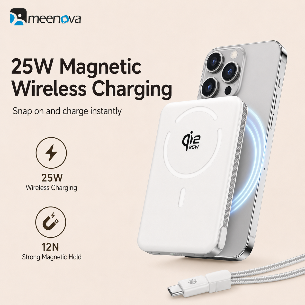 Meenova Qi2.2 25W Magnetic Power Bank 10000mAh with 35W PD Fast Charging, Detachable USB-C Cable & Kickstand