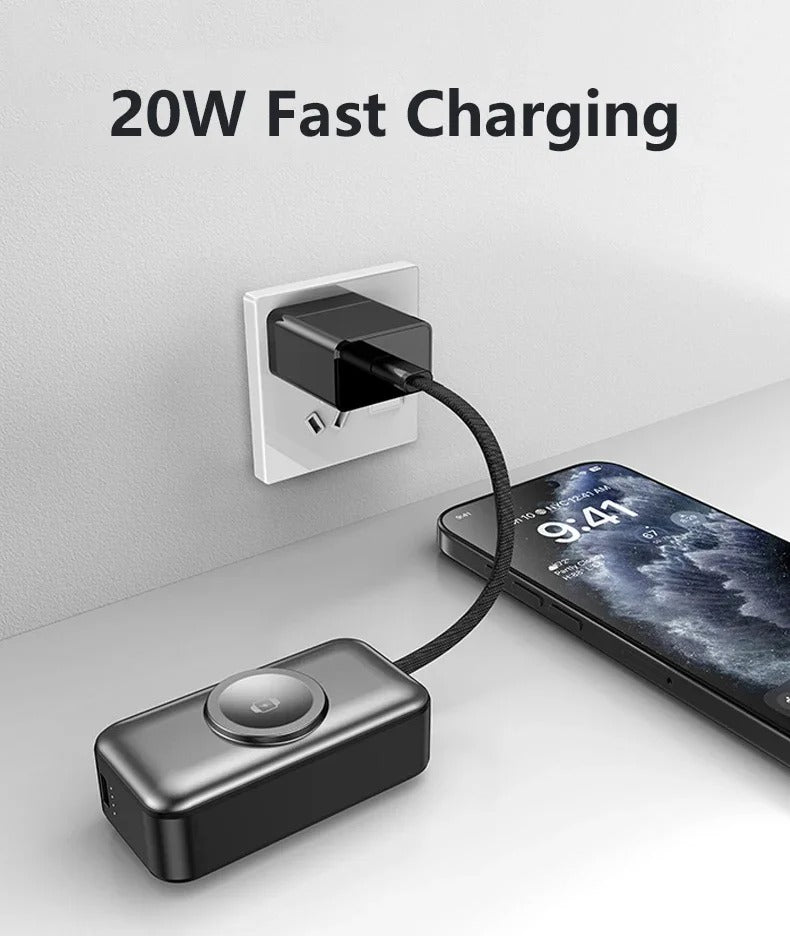 Meenova 5000mAh Mini Power Bank PD20W Fast Charger, 3-in-1 Magnetic Wireless Charger with Type-C Plug & Built-in C/Lightning Cable, Portable Charging Station with LED Light & Phone Holder