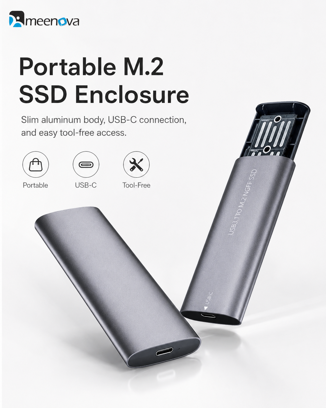 Meenova Tool-Free USB-C M.2 SSD Enclosure – Aluminum External Case for NGFF SATA or NVMe SSD