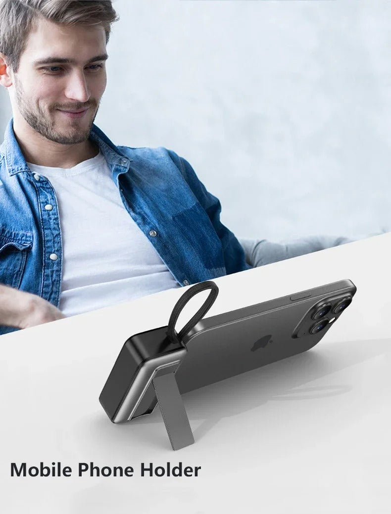 Meenova 5000mAh Mini Power Bank PD20W Fast Charger, 3-in-1 Magnetic Wireless Charger with Type-C Plug & Built-in C/Lightning Cable, Portable Charging Station with LED Light & Phone Holder