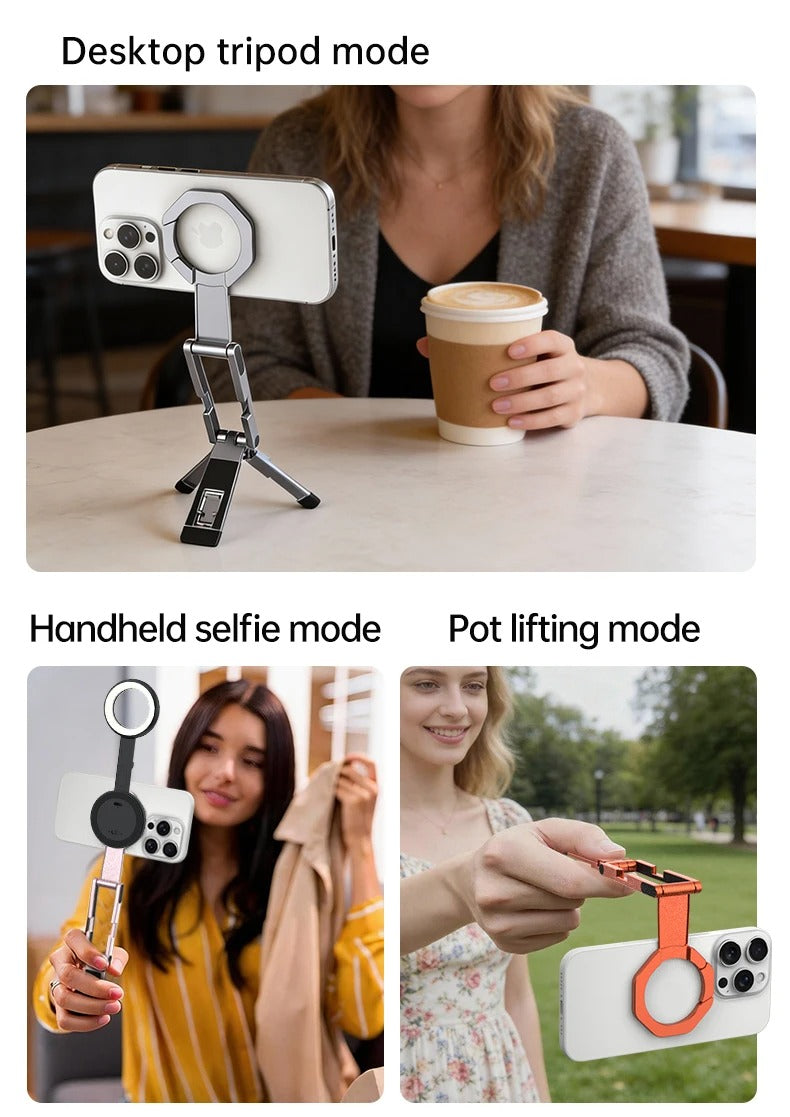 Meenova Foldable Magnetic Phone Tripod, Dual-Sided Magnet Zinc Alloy MagSafe Phone Holder, Pocket-Sized Portable Phone Stand for Live Streaming, Vlogging, Travel, Gym