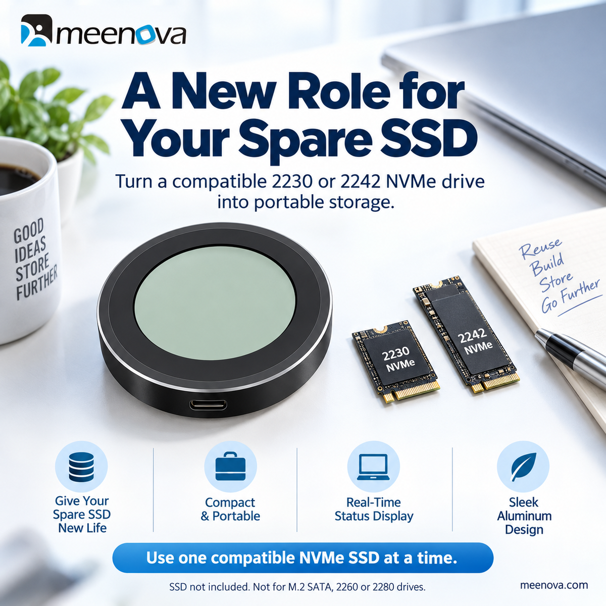 Meenova 10Gbps Smart Display M.2 NVMe SSD Enclosure for 2230/2242 – USB 3.2 Gen 2, Real-Time Drive Monitoring, Aluminum Cooling