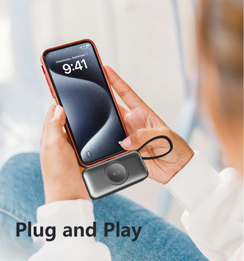 Meenova 5000mAh Mini Power Bank PD20W Fast Charger, 3-in-1 Magnetic Wireless Charger with Type-C Plug & Built-in C/Lightning Cable, Portable Charging Station with LED Light & Phone Holder