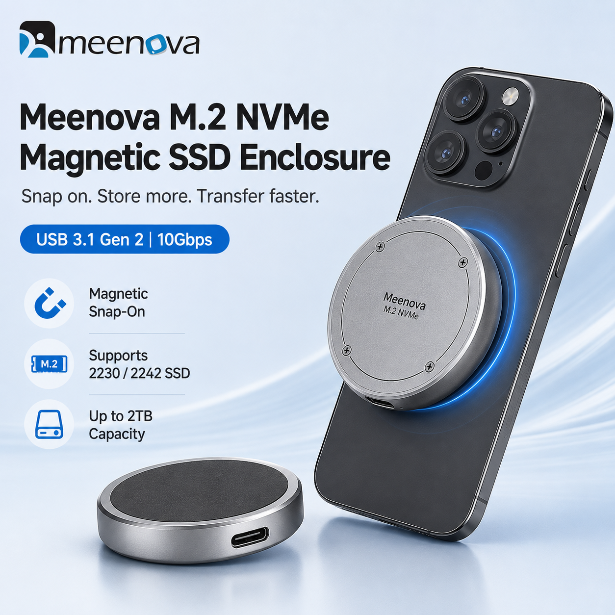 Meenova M.2 NVMe Magnetic SSD Enclosure – 10Gbps USB-C, 2230/2242 SSD, Up to 2TB
