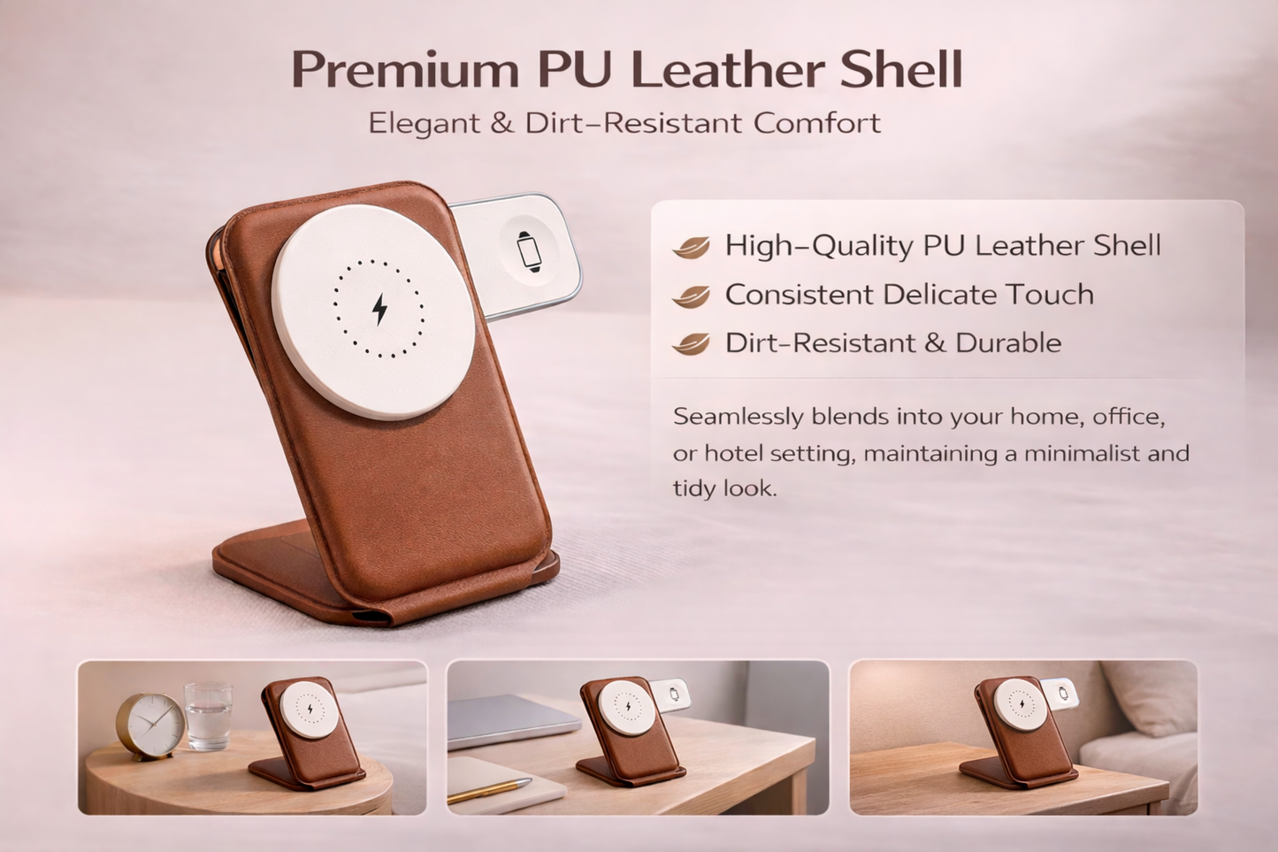 Meenova Trio Foldable Leather 3-in-1 MagSafe Charger, Portable Wireless Fast Charging for Apple iPhone & Apple Watch, AirPods