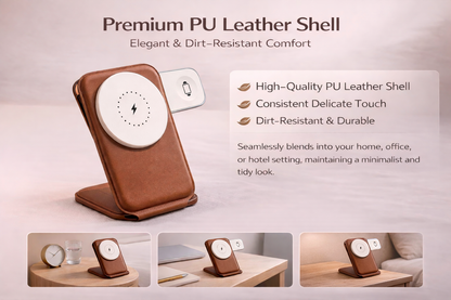 Meenova Trio Foldable Leather 3-in-1 MagSafe Charger, Portable Wireless Fast Charging for Apple iPhone & Apple Watch, AirPods