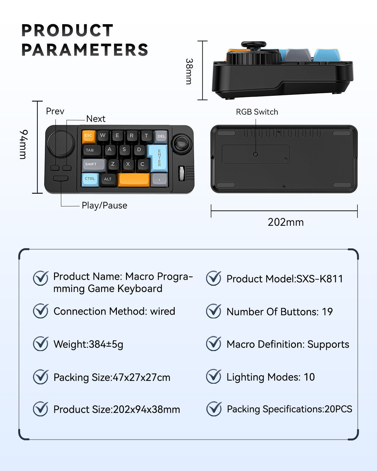 Meenova K811 19-Key Wired Mechanical Macro Keypad with Hot-Swappable Switches, Programmable Knob, Joystick, Scroll Wheel & RGB Lighting