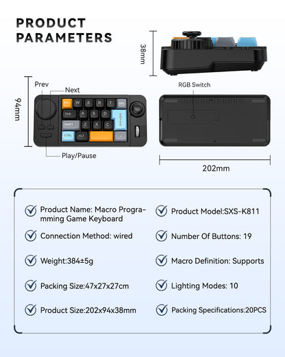 Meenova K811 19-Key Wired Mechanical Macro Keypad with Hot-Swappable Switches, Programmable Knob, Joystick, Scroll Wheel & RGB Lighting