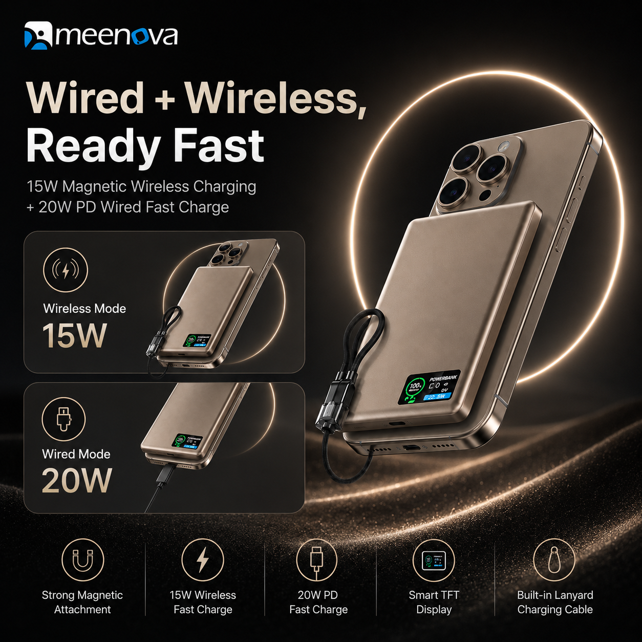 Meenova HDL-007 Ultra-Slim Magnetic Power Bank with Built-in USB-C Lanyard Cable, 15W Wireless Charging, 20W PD & TFT Display