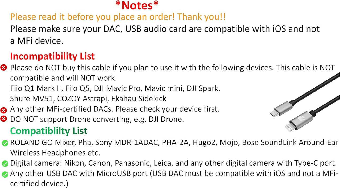 Lightning-to-MicroUSB USB DAC OTG Cable for iPhone/iPad/iPod, Sony MDR-1ADAC, Roland GO Mixer, Chord Mojo2 Hugo Pha3 Fiio HiFi Oppo HA2 K5, iRig HD2 Camera 1.2m 4ft, iphone 14 to Android Cord