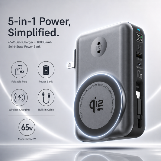 Meenova SolidPower X – 65W 5-in-1 Solid-State MagSafe Power Bank with Qi2.2 25W Wireless Charging for iPhone 17 Pro Max, Apple Watch, AirPods, Laptop, Built-in Cable, LED Display, Stand