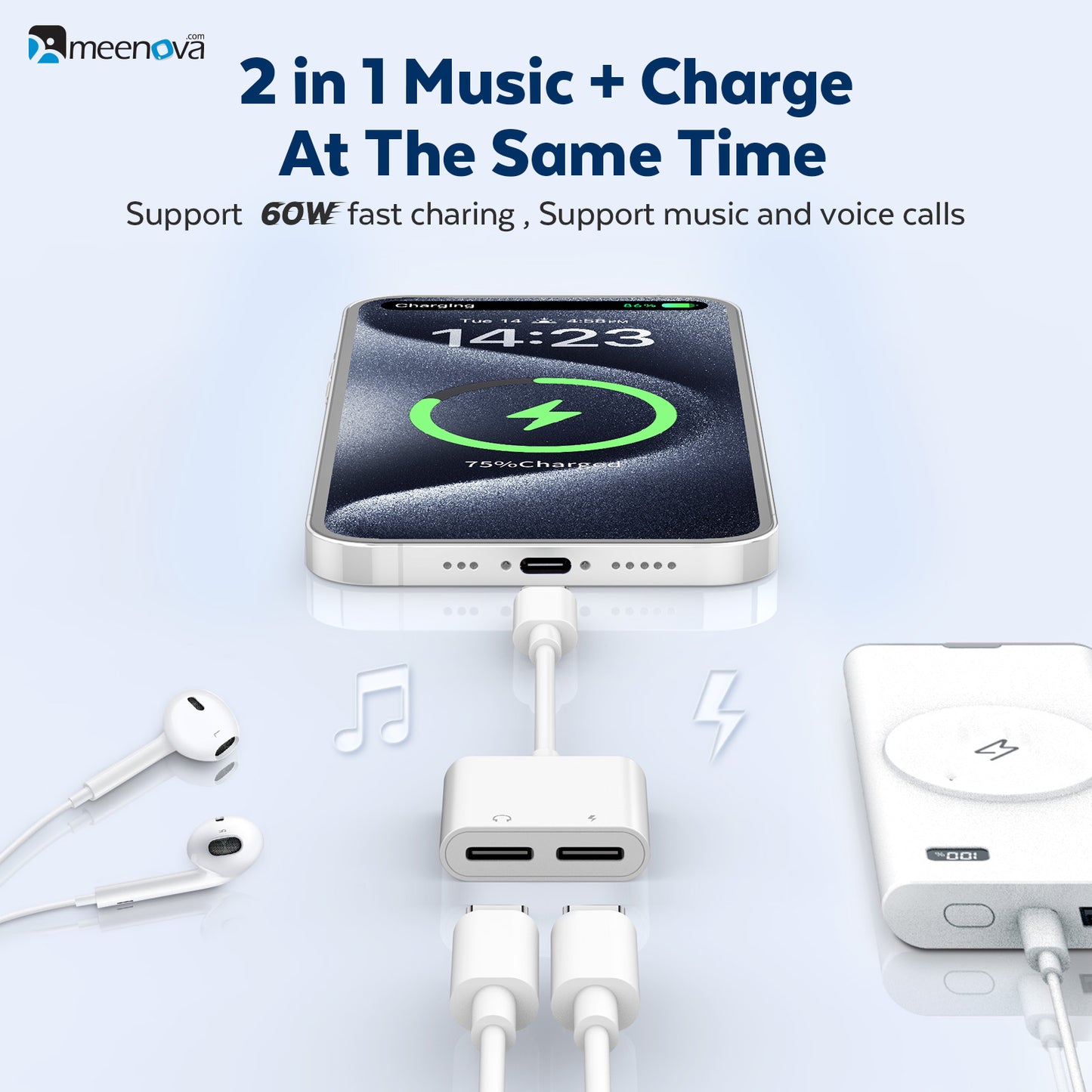 USB-C Splitter 1 in 2 Out for USB C Headphones and Charging 60W, Dual Type C Headphone Adapter for iPhone 15 16 iPad Samsung S24 Tab S
