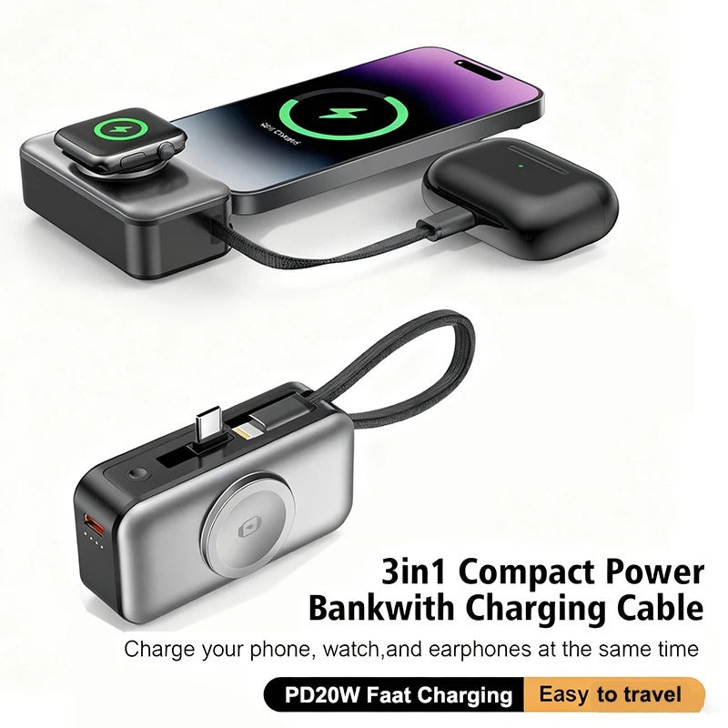 Meenova 5000mAh Mini Power Bank PD20W Fast Charger, 3-in-1 Magnetic Wireless Charger with Type-C Plug & Built-in C/Lightning Cable, Portable Charging Station with LED Light & Phone Holder