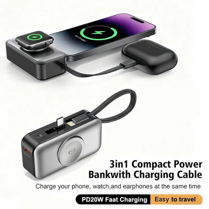 Meenova 5000mAh Mini MagSafe Power Bank PD20W Fast Charger, 3-in-1 Magnetic Wireless Charger with Type-C Plug & Built-in C/Lightning Cable, Portable Charging Station with LED Light & Phone Holder
