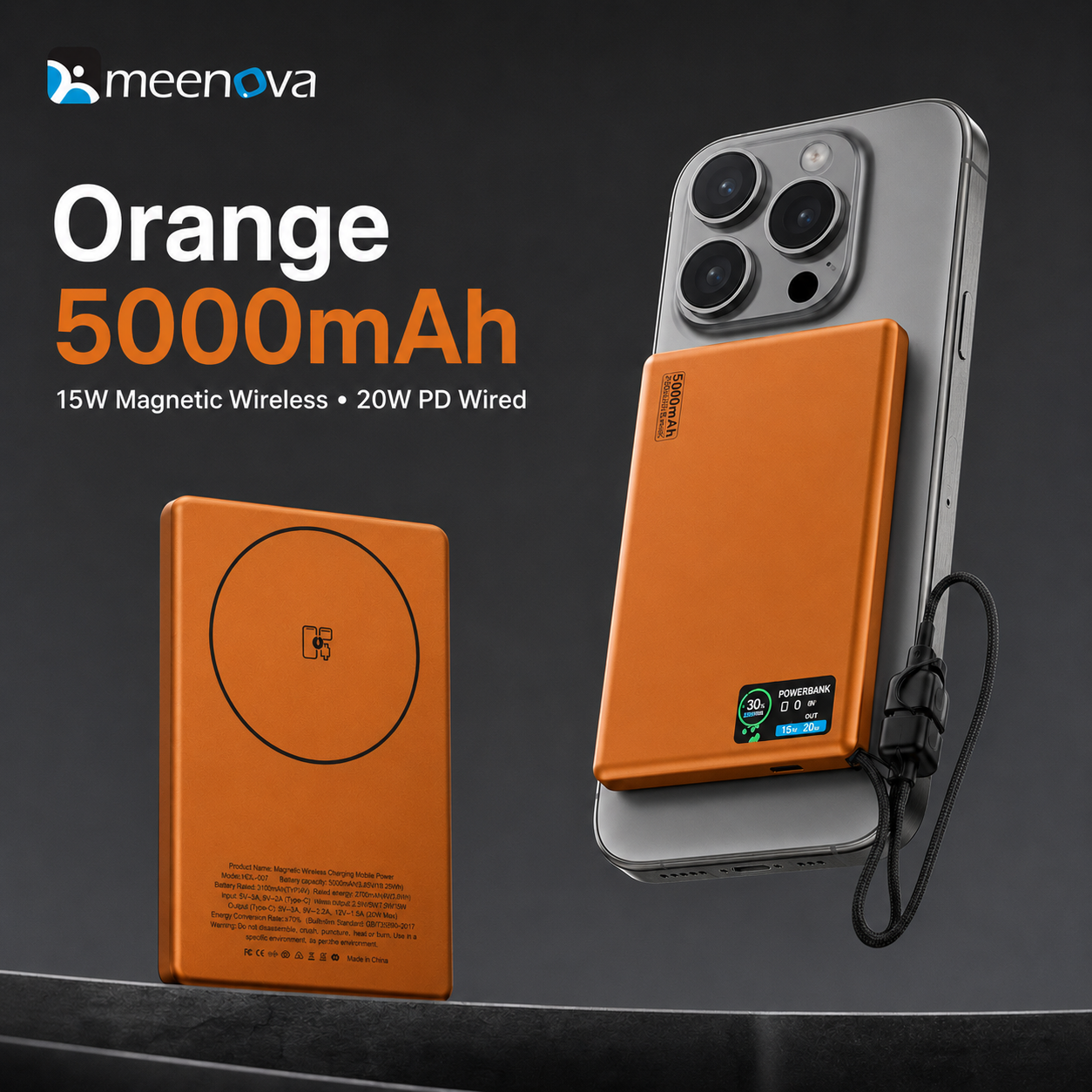 Meenova HDL-007 Ultra-Slim Magnetic Power Bank with Built-in USB-C Lanyard Cable, 15W Wireless Charging, 20W PD & TFT Display