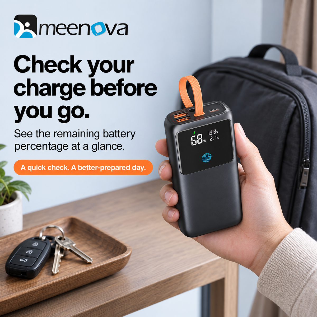 Meenova 65W 20000mAh Laptop Power Bank with Built-in USB-C Cable, PD Fast Charging, 2 USB-A Ports & Smart Digital Display, Portable Charger for iPhone 18 Pro Max, iPhone Duo, Laptop & Tablet