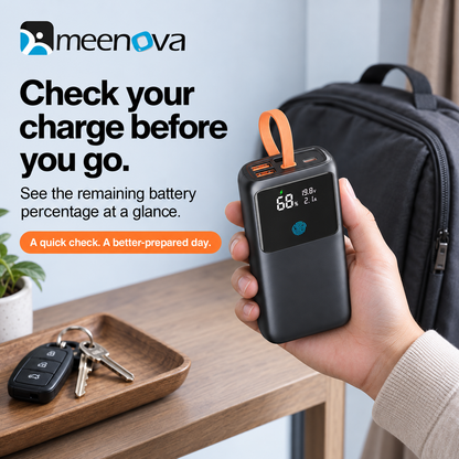 Meenova 65W 20000mAh Laptop Power Bank with Built-in USB-C Cable, PD Fast Charging, 2 USB-A Ports & Smart Digital Display, Portable Charger for iPhone 18 Pro Max, iPhone Duo, Laptop & Tablet