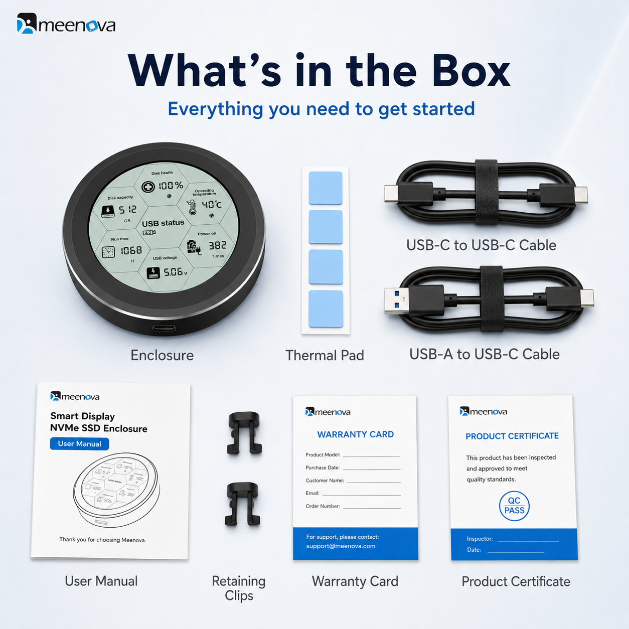Meenova 10Gbps Smart Display M.2 NVMe SSD Enclosure for 2230/2242 – USB 3.2 Gen 2, Real-Time Drive Monitoring, Aluminum Cooling