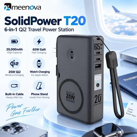 Meenova SolidPower T20 6-in-1 Qi2 MagSafe 25W Power Bank & 65W GaN Travel Charger, 20,000mAh Magnetic Solid-State Battery