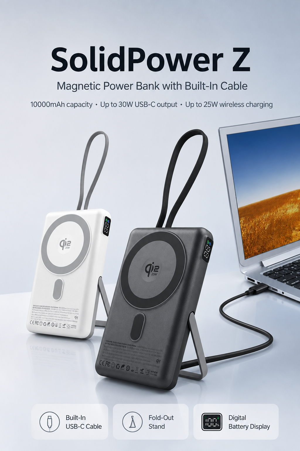 Meenova SolidPower Z 10000mAh MagSafe Power Bank – 30W USB-C, 25W Magnetic Wireless, Built-In Cable & Stand