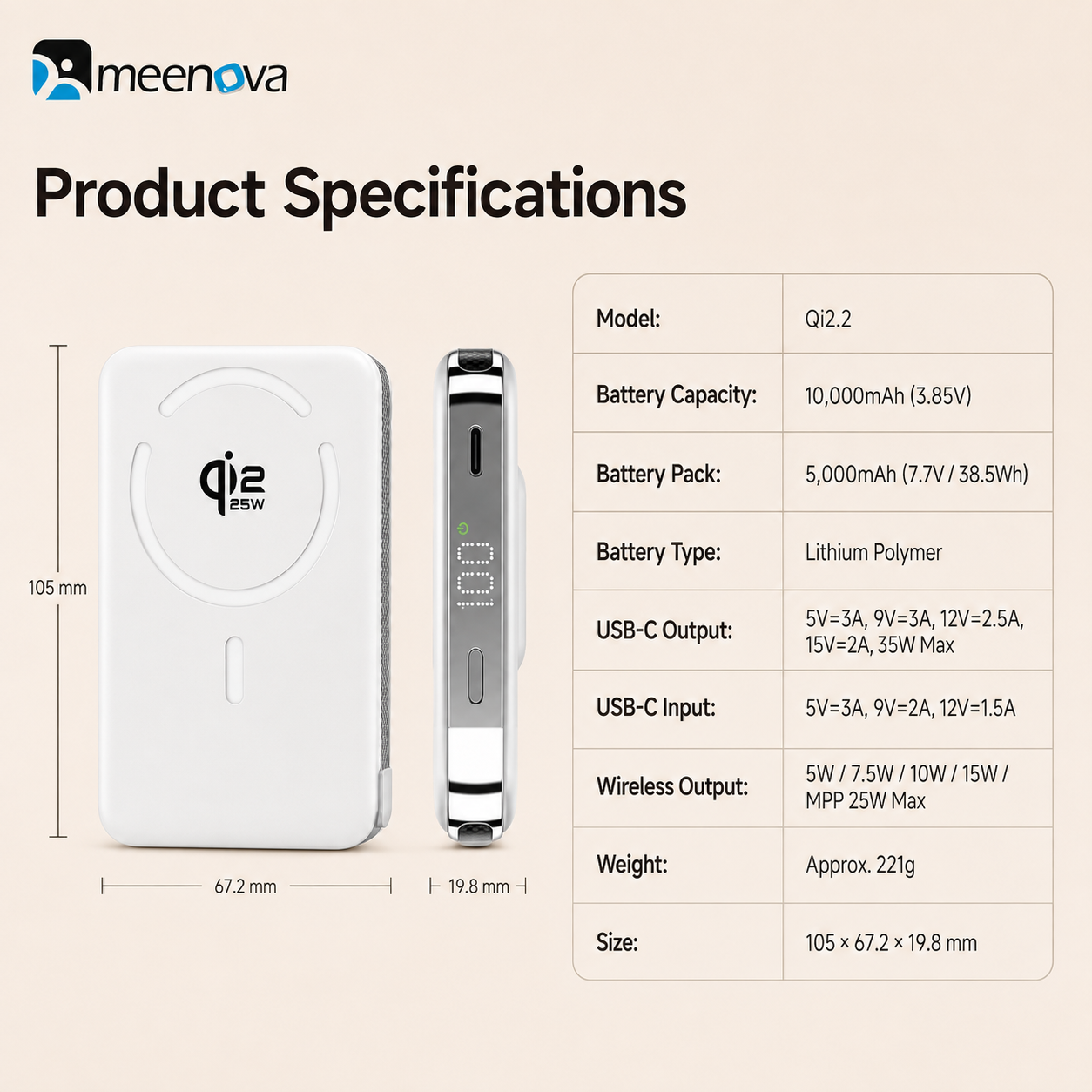 Meenova Qi2.2 25W Magnetic Power Bank 10000mAh with 35W PD Fast Charging, Detachable USB-C Cable & Kickstand