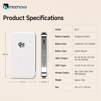 Meenova Qi2.2 25W Magnetic Power Bank 10000mAh with 35W PD Fast Charging, Detachable USB-C Cable & Kickstand