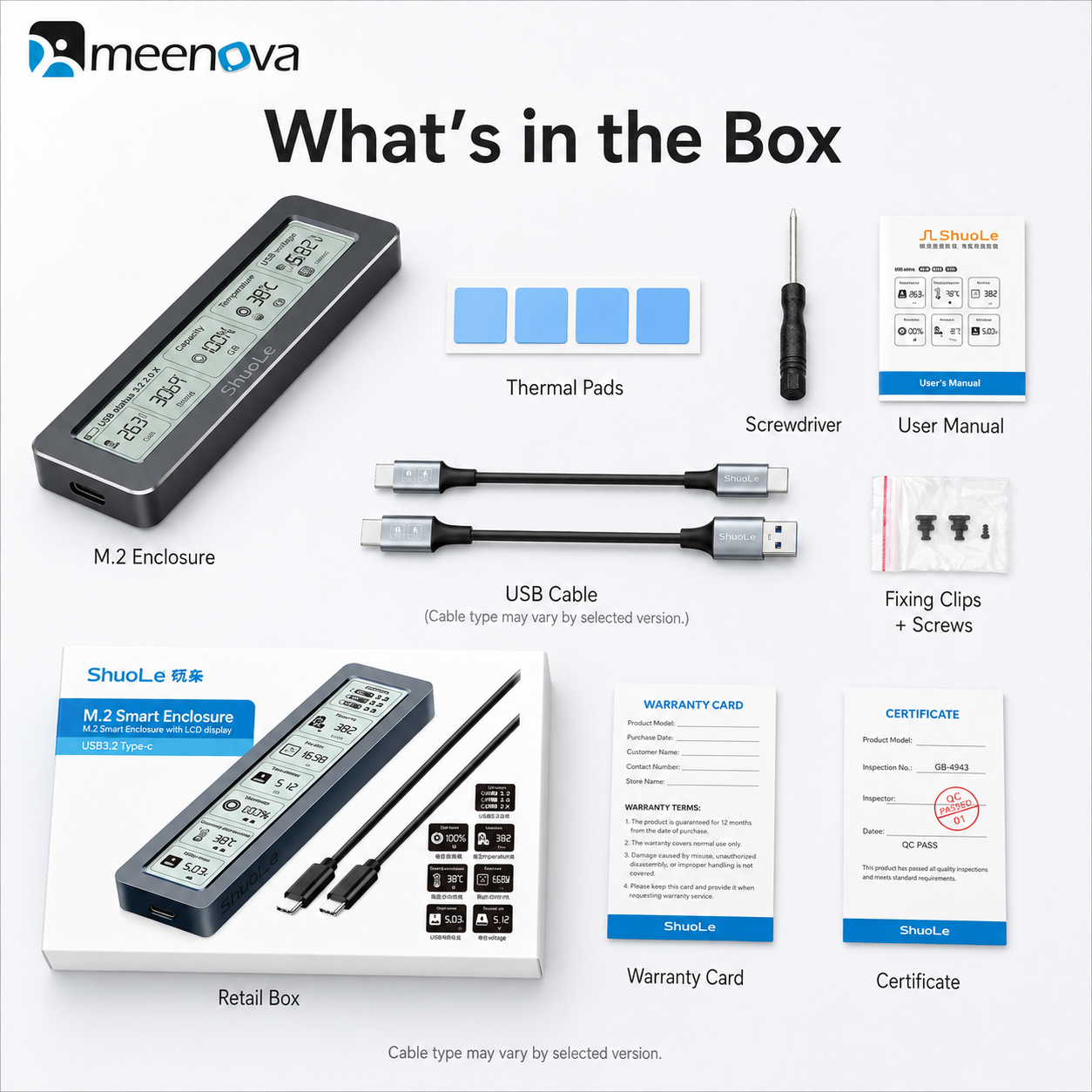Meenova Smart Display M.2 NVMe SSD Enclosure, USB 3.2 Gen 2 10Gbps, All-Aluminum, M-Key & B+M Key, 2230/2242/2260/2280, Up to 8TB