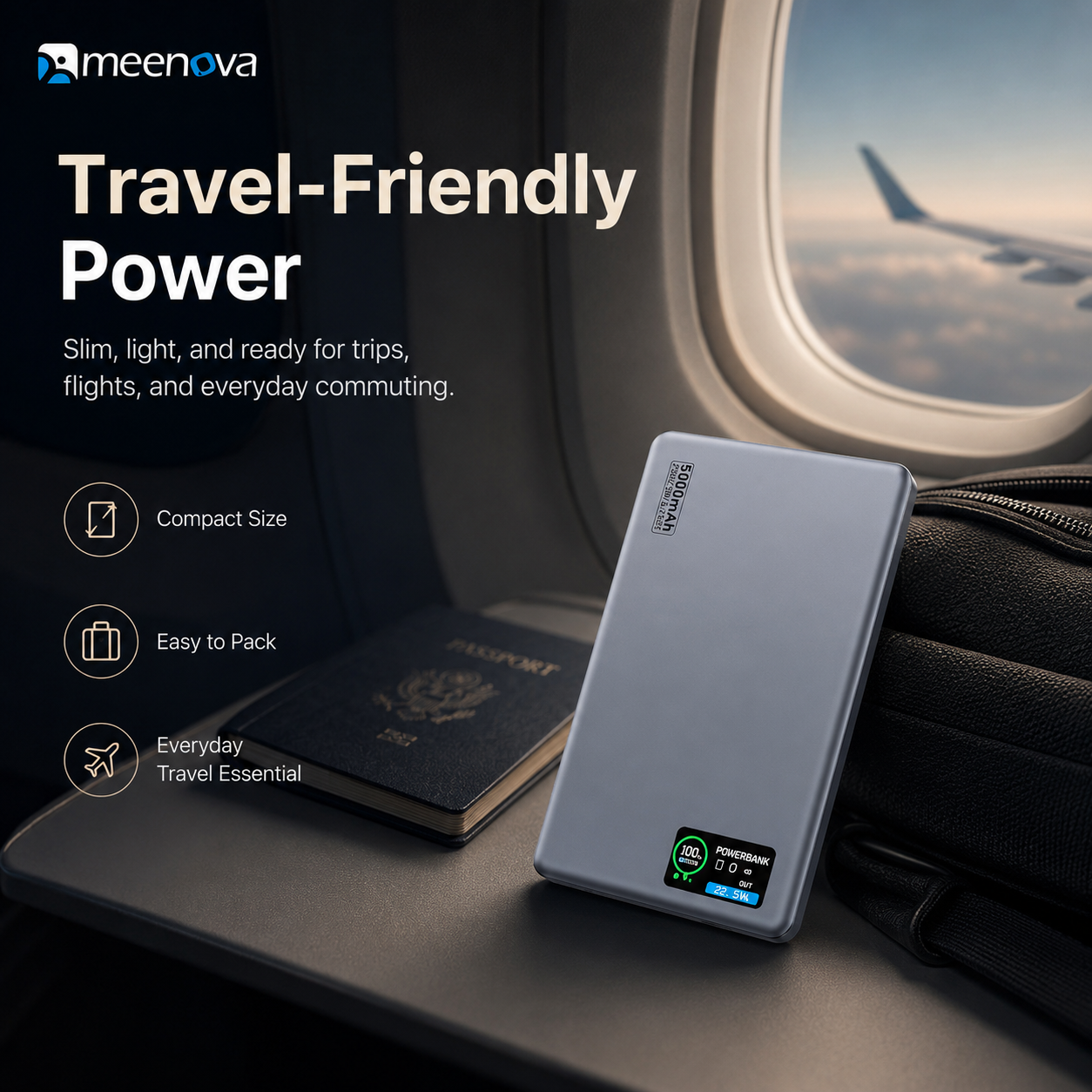 Meenova HDL-007 Ultra-Slim Magnetic Power Bank with Built-in USB-C Lanyard Cable, 15W Wireless Charging, 20W PD & TFT Display