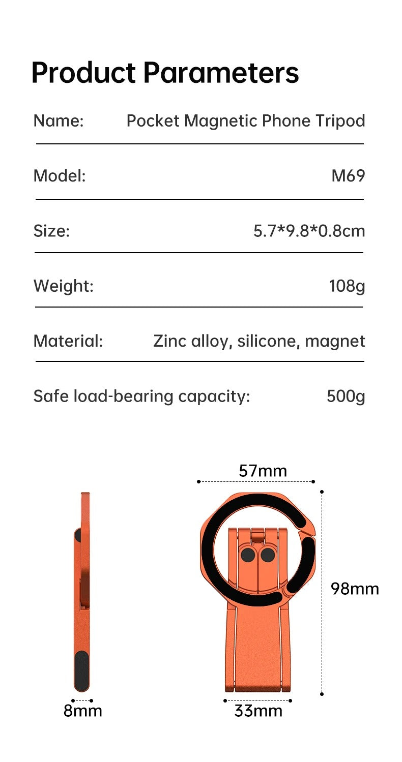 Meenova Foldable Magnetic Phone Tripod, Dual-Sided Magnet Zinc Alloy MagSafe Phone Holder, Pocket-Sized Portable Phone Stand for Live Streaming, Vlogging, Travel, Gym