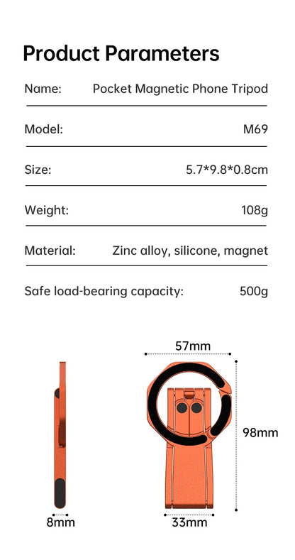 Meenova Foldable Magnetic Phone Tripod, Dual-Sided Magnet Zinc Alloy MagSafe Phone Holder, Pocket-Sized Portable Phone Stand for iPhone 18 Pro Max, iPhone Duo & Magnetic Phones, Live Streaming, Vlogging, Travel, Gym