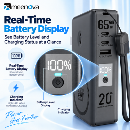 Meenova SolidPower T20 6-in-1 Qi2 MagSafe 25W Power Bank & 65W GaN Travel Charger, 20,000mAh Magnetic Solid-State Battery