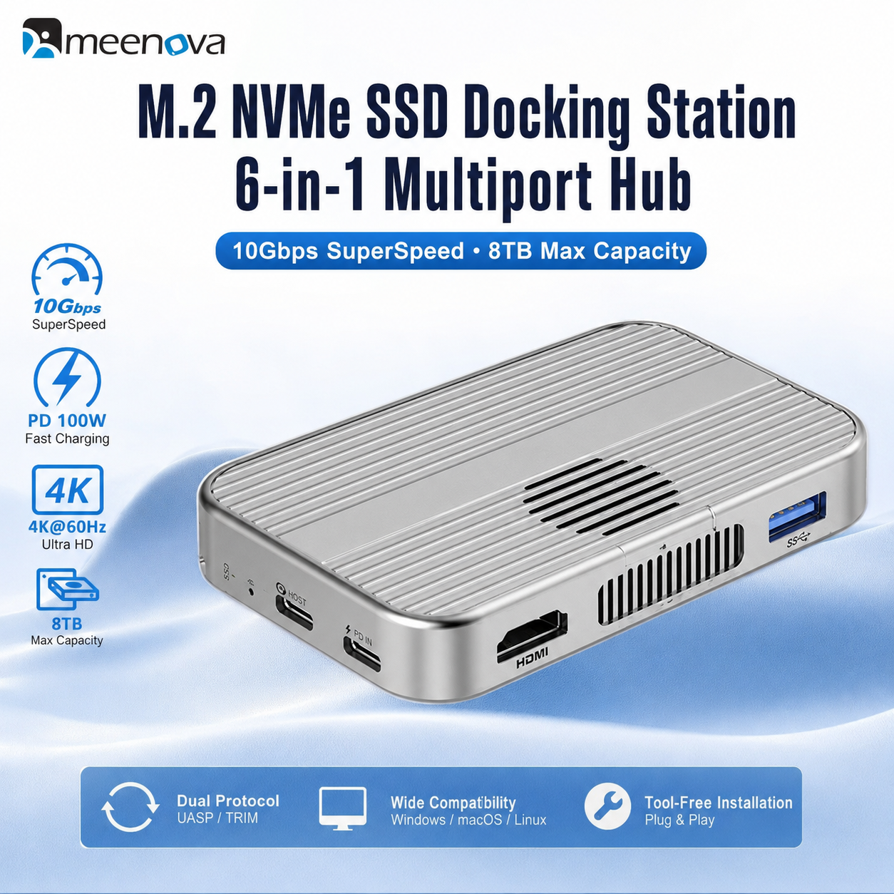 Meenova Magnetic M.2 NVMe/SATA SSD Enclosure & 6-in-1 USB-C Dock – 10Gbps, 4K@60Hz HDMI, PD 100W, SD/TF, Up to 8TB