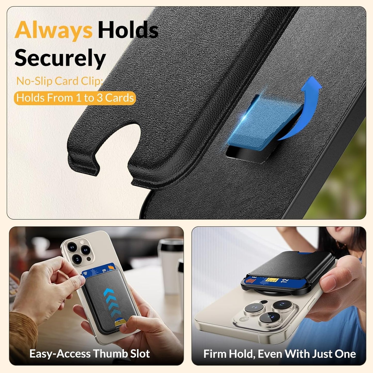 Stronger Magnetic Phone Wallet Card Holder with Adjustable Stand, MagSafe Compatible Minimalist Leather Wallet for iPhone 17/16/15/14/13/12 Pro/Pro Max, Black