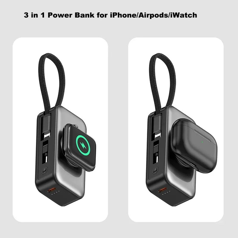 Meenova 5000mAh Mini Power Bank PD20W Fast Charger, 3-in-1 Magnetic Wireless Charger with Type-C Plug & Built-in C/Lightning Cable, Portable Charging Station with LED Light & Phone Holder