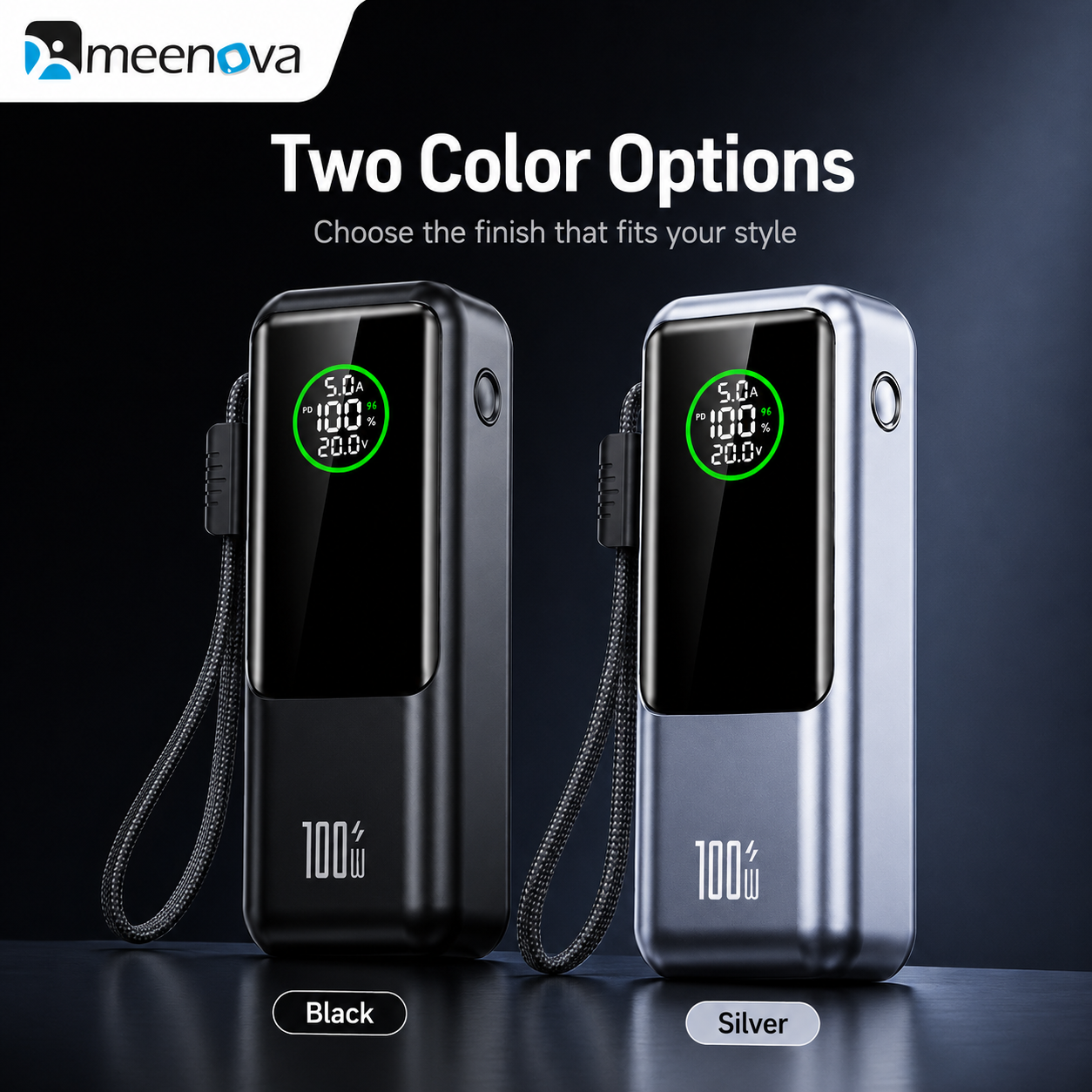 Meenova A57 100W USB-C Power Bank with Built-in Cable & LED Display 2,0000mAh – Multi-Port Fast Charger for Laptop, Tablet & Phone