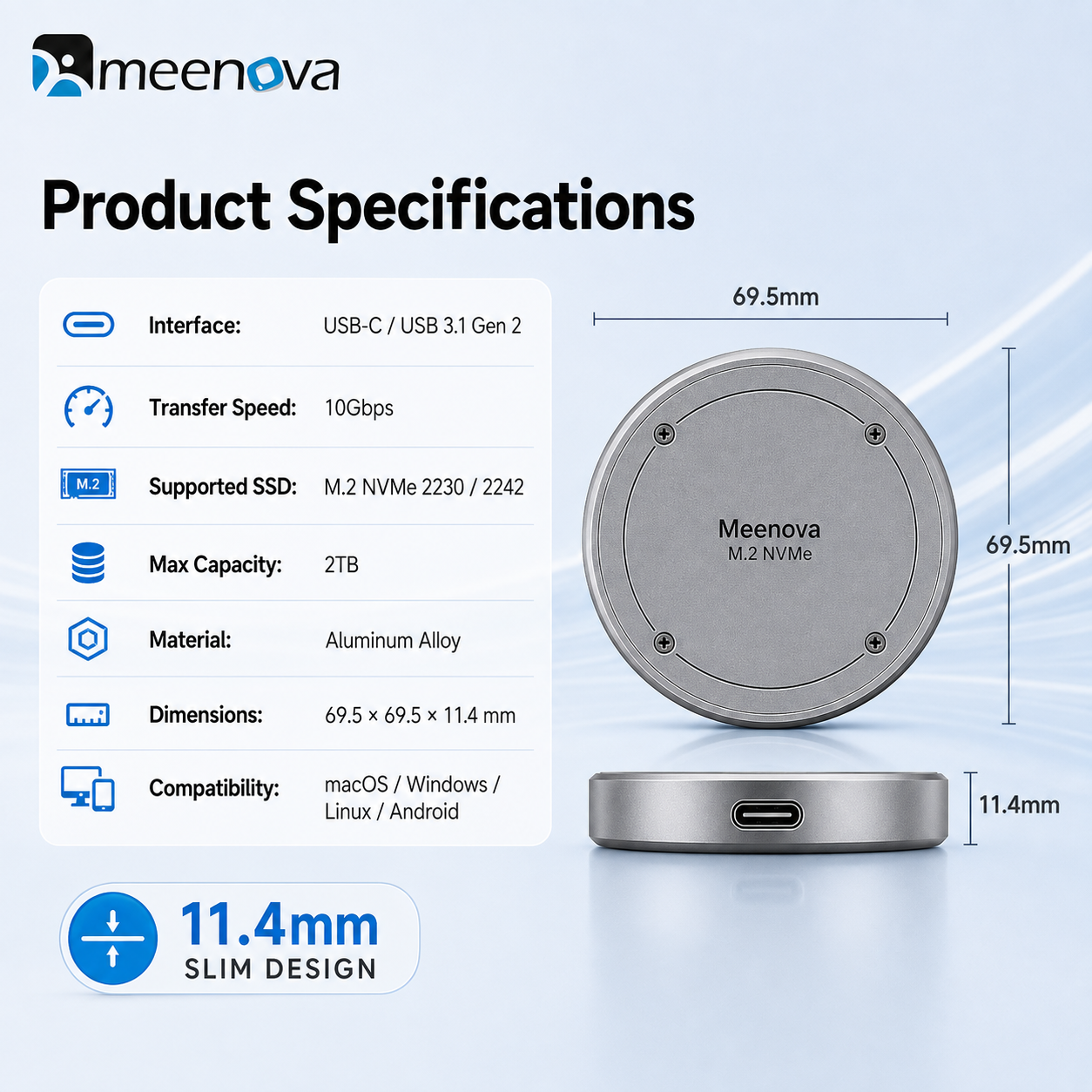 Meenova M.2 NVMe Magnetic SSD Enclosure – 10Gbps USB-C, 2230/2242 SSD, Up to 2TB